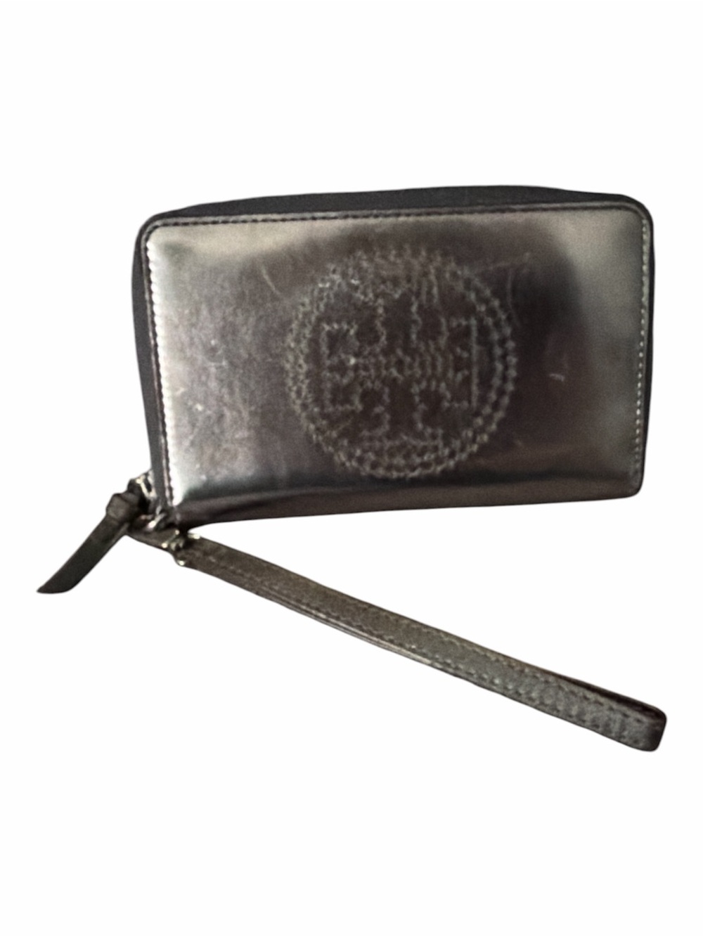 Tory Burch Metallic Gunmetal Leather Zip Around Wallet Wristlet Logo Clutch